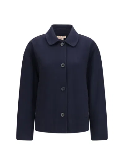 Marni Blue Solid Shirt Collar Jacket