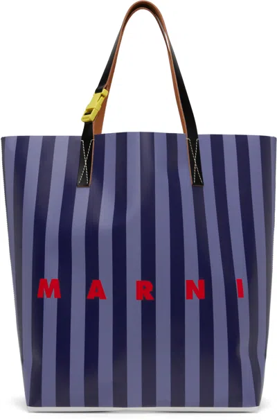 Marni Blue Striped Tribeca Shopping Tote In Zo886opal/estateblue