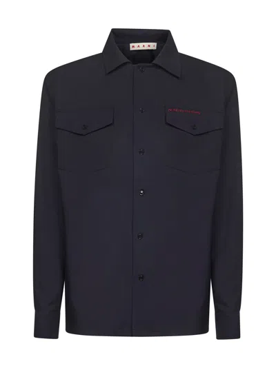 Marni Wool Shirt With Logo Embroidery In Black