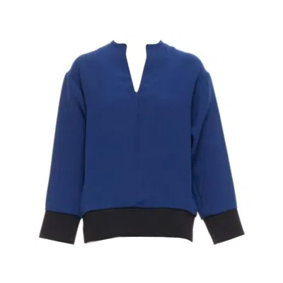 Pre-owned Marni Blue V Neck Contrast Ribbing Long Sleeve Boxy Cocoon Top It36 Xs