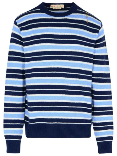 Marni Striped Wool Blend Sweatshirt With Ribbed Trim In Blue