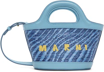 Marni Tropicalia Micro Embroidered Leather-trimmed Raffia Tote In Blue