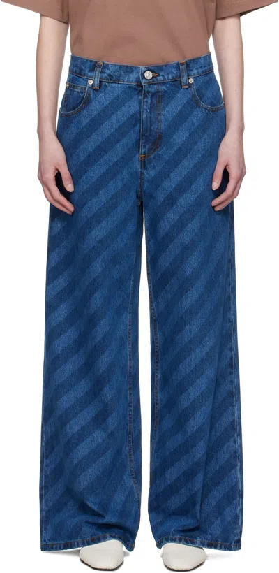 MARNI BLUE WIDE LEG DIAGONAL STRIPE JEANS