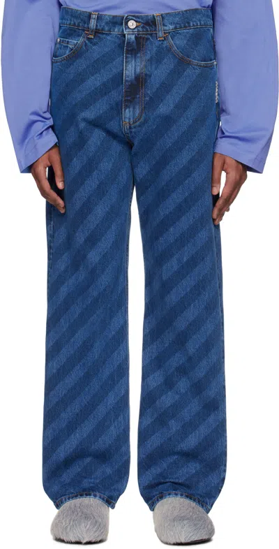 Marni Blue Wide Leg Diagonal Stripe Jeans In Stb95 Blue Kyanite