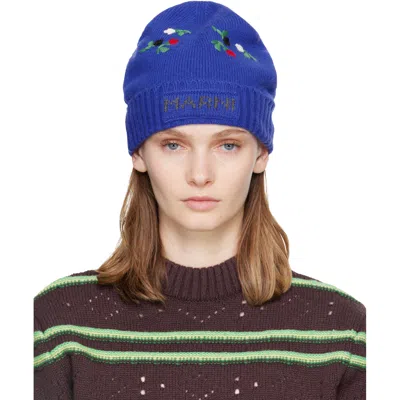 Marni Blue Wool & Cashmere Flower Beanie