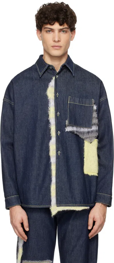 Marni Blue Wool Patched Bull Denim Shirt In Dmb99 Blublack