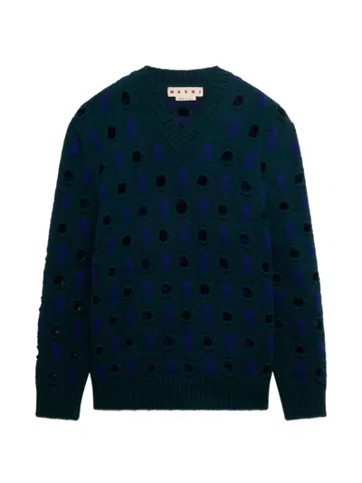 Marni Blue Wool-cashmere Sweater With Cut-out Polka Dots In Multi