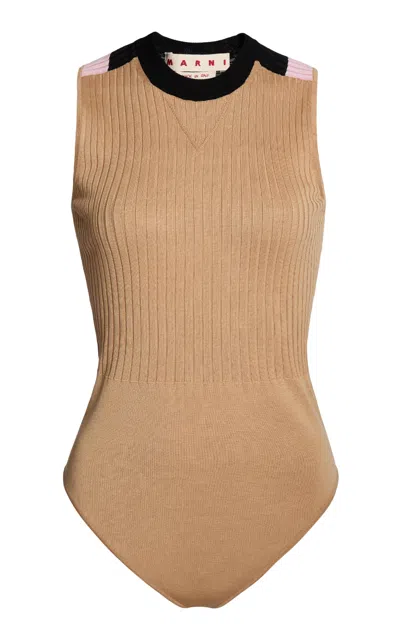 Marni Bodice Cotton Knit Bodysuit In Brown
