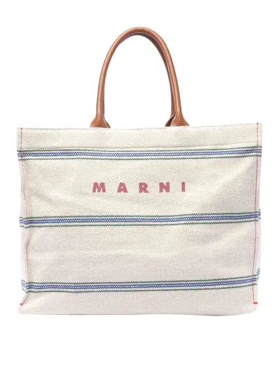 Marni Ivory And Light Blue Tote Bag In Beige