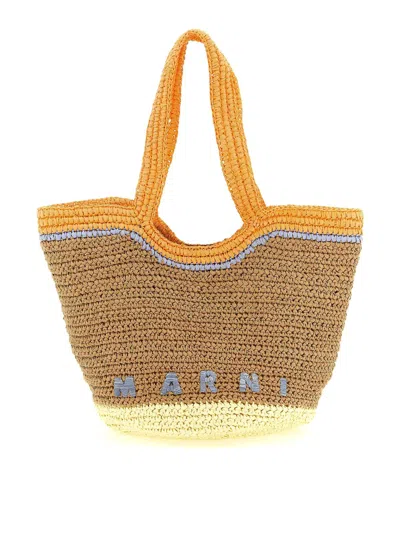 Marni Raffia-effect Small Leather-trimmed Tote Bag In Brown
