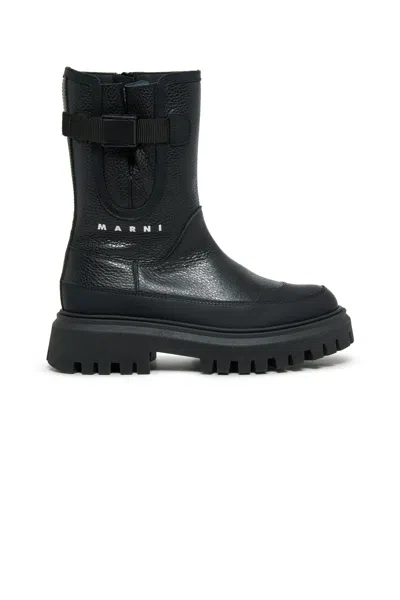 Marni Kids' Logo-print Buckle-detail Ankle Boots In Black