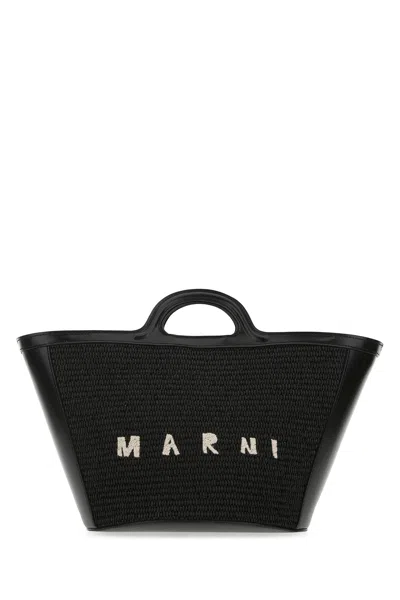 MARNI MARNI BLACK LEATHER AND RAFFIA SMALL TROPICALIA SUMMER HANDBAG