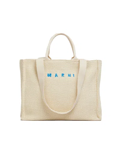 Marni Small Tote Bag In White Raffia Effect Fabric In 00w11