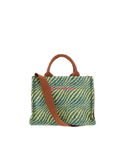 Marni Borsa Tote Piccola In Tessuto Effetto Rafia Garden Green