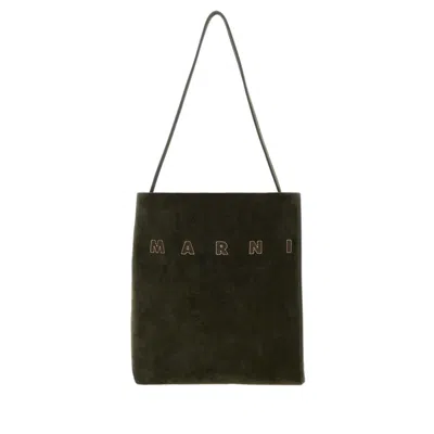 Marni Bottle Green Suede Small Museo Shoulder Bag Cigar Exterior: Bovine Leather Clutch