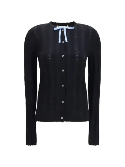 Marni Merino Wool And Silk With Bow Cardigan In Blue