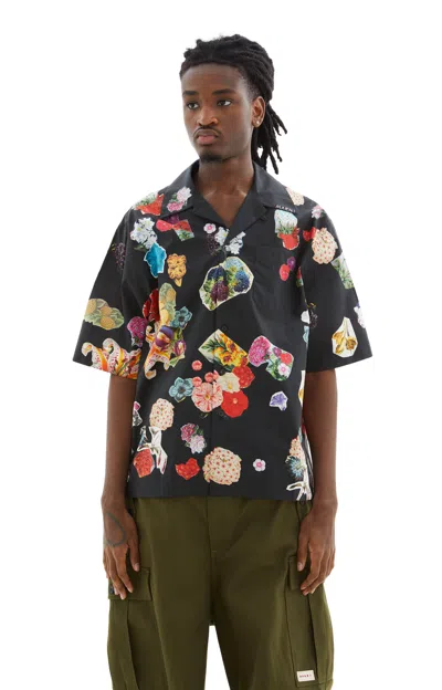 Marni Bowling Flower Printed Cotton Short Sleeve Shirt In Black