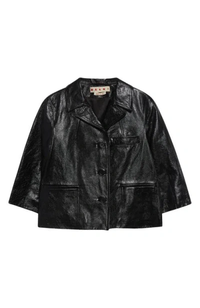 Marni Boxy Fit Elbow Sleeve Leather Jacket In Black