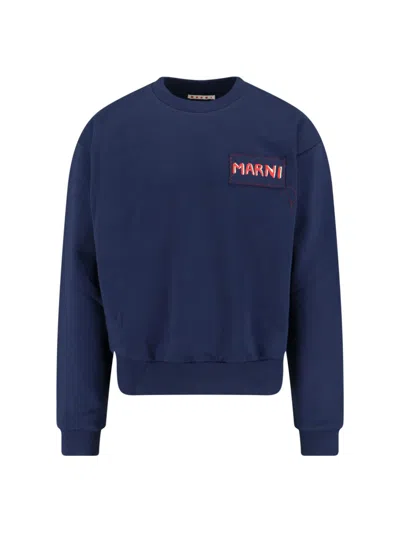 Marni Boxy Navy Blue Cropped Jumper With Bold Logo Patch