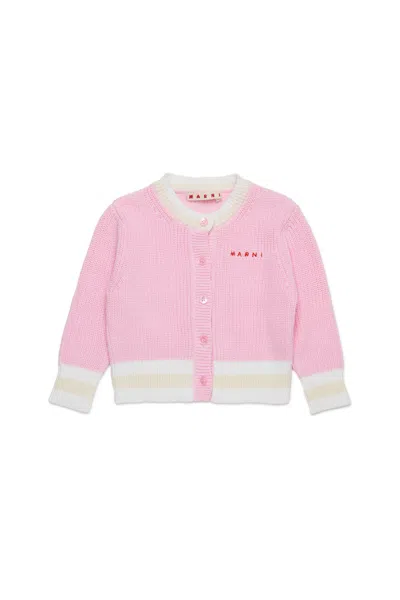 Marni Cardigan In Cotone Con Logo In Pink