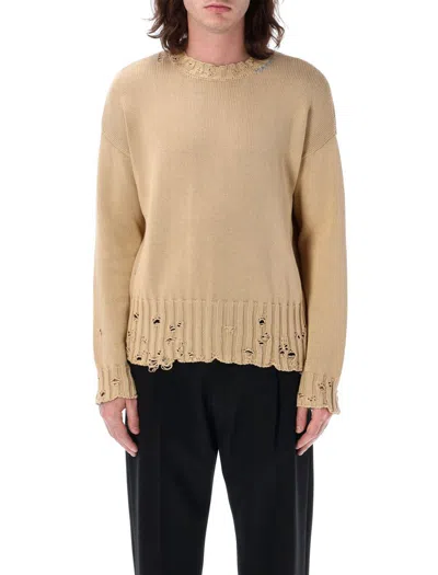 Marni Distressed Crew Neck Knit With Ribbed Hem And Cuffs In Beige