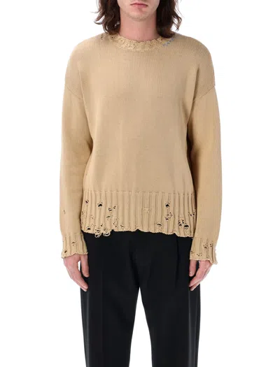 Marni Distressed Crew Neck Knit With Ribbed Hem And Cuffs In Beige