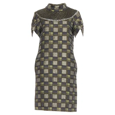 Pre-owned Marni Bronze Grey Embellished Collar Checked Brocade Dress It36 Xxs In Gray