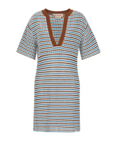 Marni Brown And Blue Striped Cotton Crochet Dress