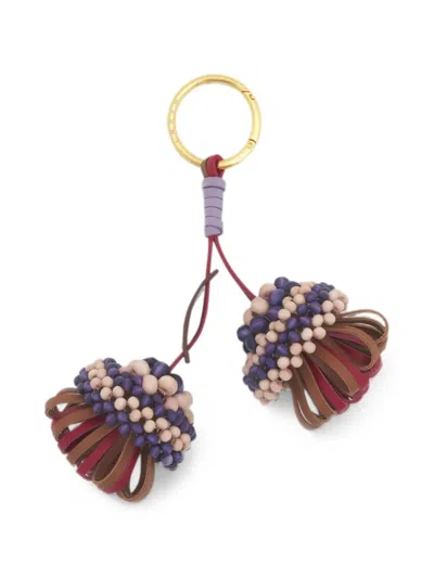 Marni Brown And Red Leather Keyring With Wooden Bead Detail