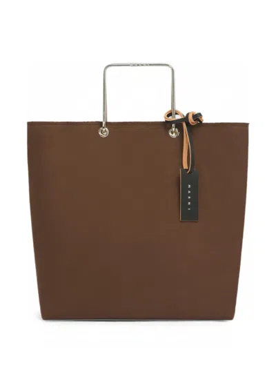 Marni Brown Canvas Shopper With Metal Handles