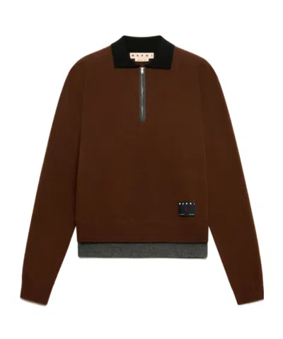 Marni Brown Cashmere Polo Jumper With Layered Effect