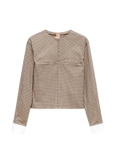 Marni Brown Checked Poplin Top With Ruched Front