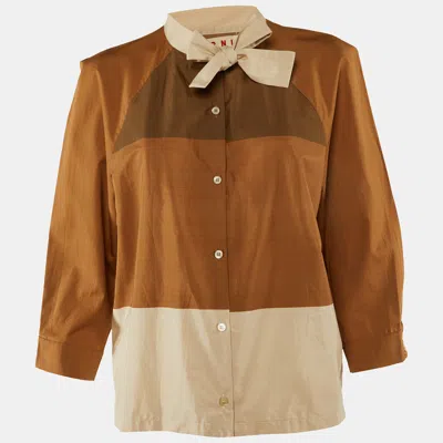 Pre-owned Marni Brown Cotton Cut-and-sew Detail Tie-up Neck Blouse L
