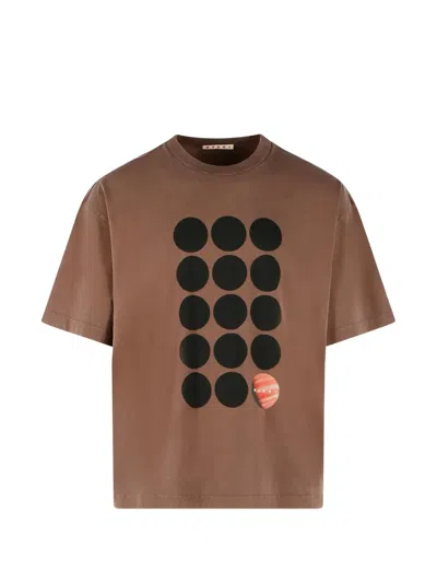 Marni Brown Cotton T-shirt With Planet Print