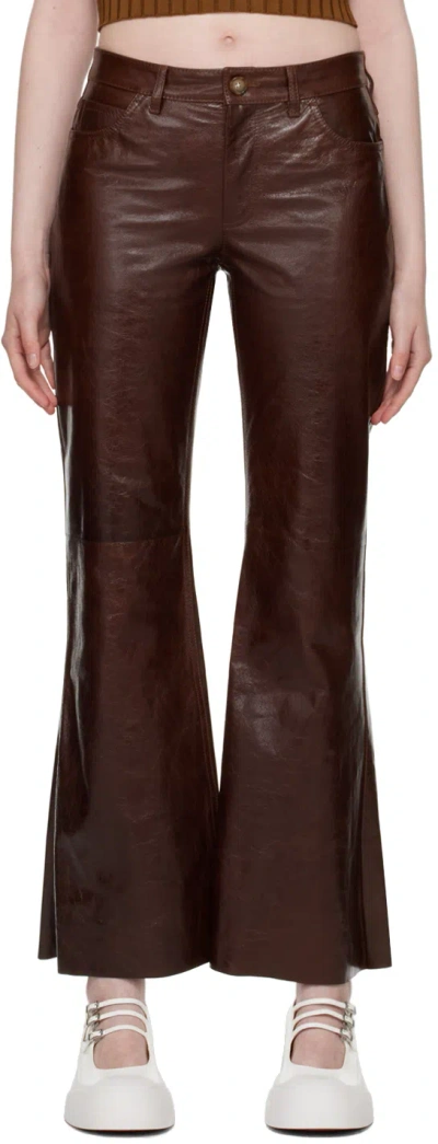 Marni Brown Flared Leather Trousers In 00m81 Wood