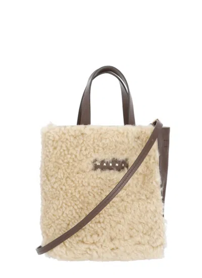 Marni Brown Fur-blend Logo Handbag In Purple
