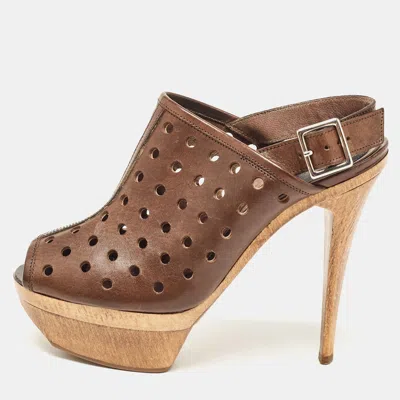 Marni Brown Laser Cut Leather Open Toe Wooden Platform Slingback Sandals