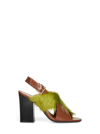 Marni Brown Leather And Green Long-hair Sandals