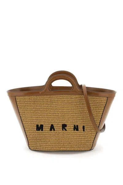 Marni Brown Leather Blend Tropical Bag In Ecru