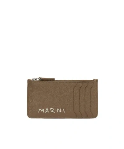 Marni Brown Leather Card Case With  Mending In Pink