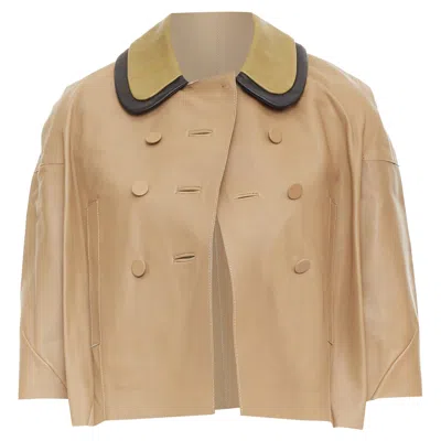 Marni Brown Leather Green Black Dup Collar Cropped Double Breast Jacket It36 Xxs In Nude