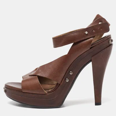 Pre-owned Marni Brown Leather Peep Toe Sandals Size 40