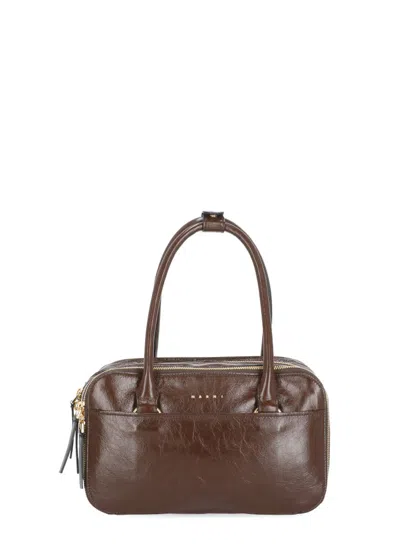 Marni Brown Leather Three Zip Handbag