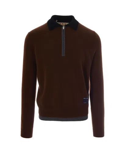 Marni Brown Long-sleeve Cashmere Polo Sweater With Double-layer Hem