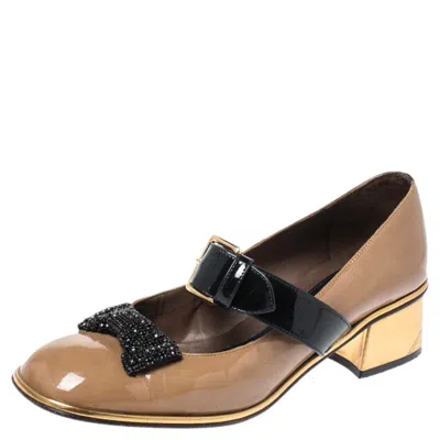 Marni Brown Patent Leather Embellished Bow Mary Jane Buckle Strap Pumps