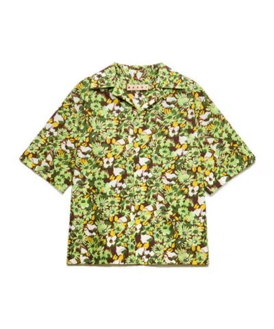 Marni Brown Poplin Shirt With Pop Flowers Print In Multi