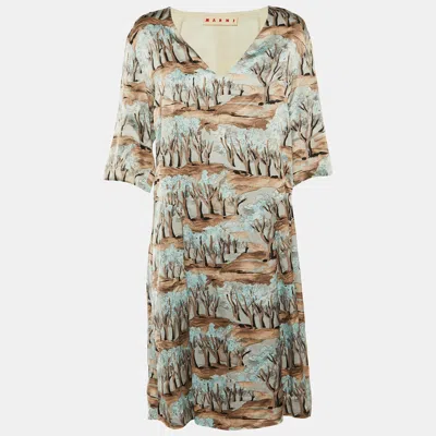 Pre-owned Marni Brown Printed Satin Pleated Shift Dress L