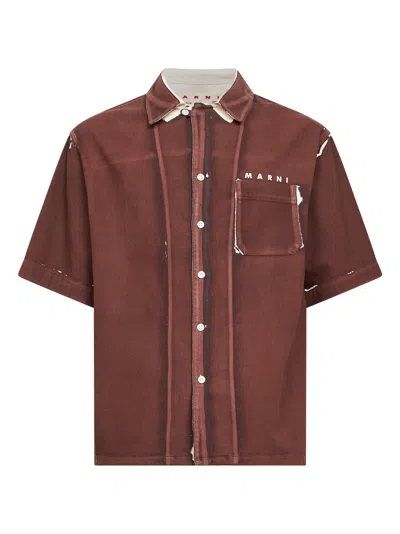 Marni Mens Tobacco Screen-print Short-sleeve Denim Shirt In Brown