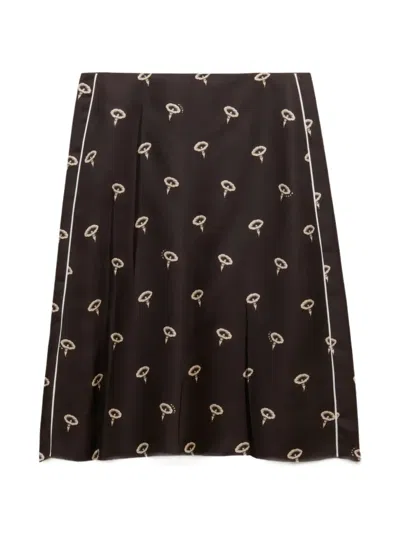 Marni Brown Silk Twill Midi Skirt With Floral Print