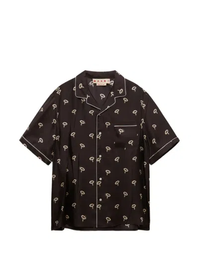 Marni Brown Silk Twill Pajama Shirt With Floral Print